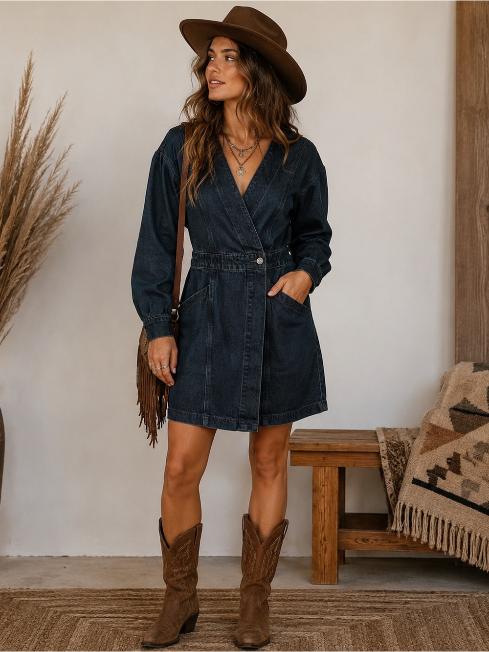 Ética Anthropologie Dark Denim Wrap Dress – Long Sleeve Mini Dress Sz S